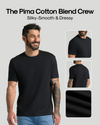 A man wearing a black short-sleeve crew-neck T-shirt is shown against a light gray background, with marketing text reading 'The Pima Cotton Blend Crew' and 'Silky-Smooth & Dressy.' Three inset images on the right show the shirt from the back/side and a close-up of the fabric texture.