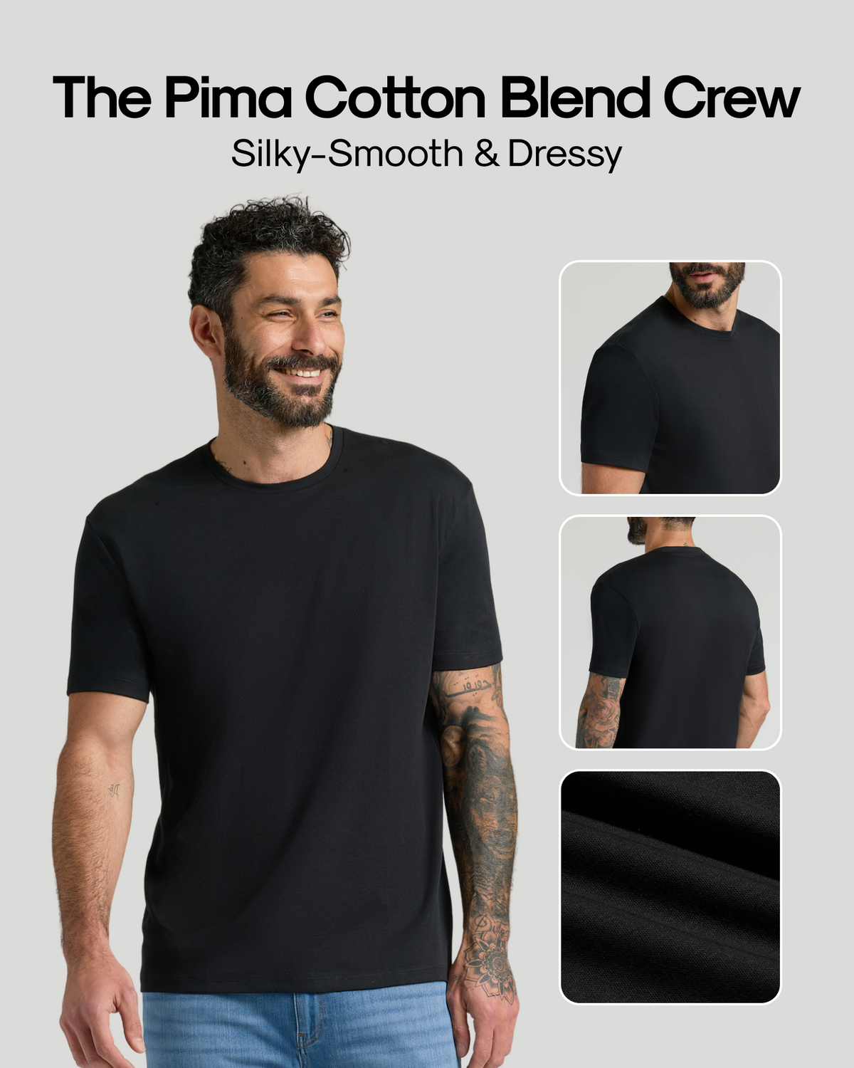 A man wearing a black short-sleeve crew-neck T-shirt is shown against a light gray background, with marketing text reading 'The Pima Cotton Blend Crew' and 'Silky-Smooth & Dressy.' Three inset images on the right show the shirt from the back/side and a close-up of the fabric texture.