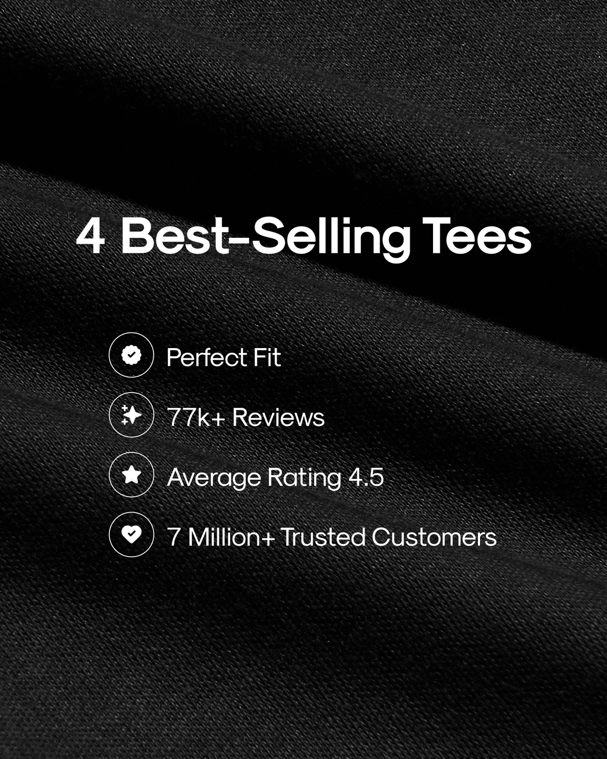 Text on a black fabric background highlighting four best-selling tees features.