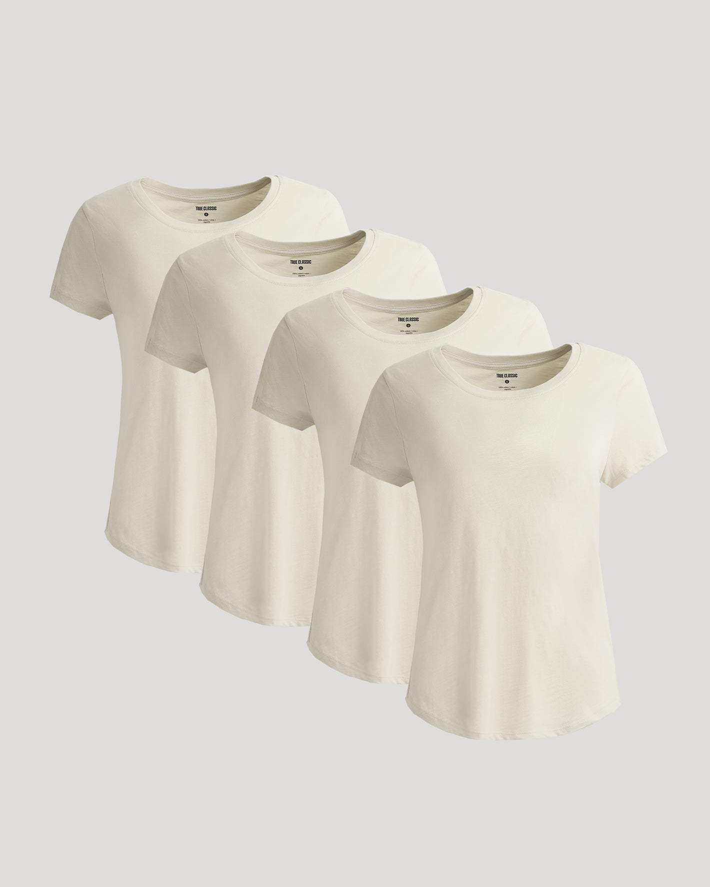 Womens Oatmeal Slub Scoop Neck Tee 4-Pack fanned overlapping display.