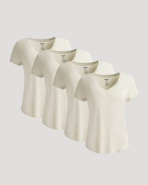Womens Oatmeal Relaxed Slub V-Neck Tee 4-Pack, staggered display.