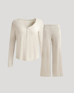 Womens Oatmeal Waffle Long Sleeve Henley & Waffle Leg Pant 2-Pack