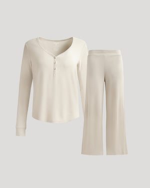 Womens Oatmeal Waffle Long Sleeve Henley & Waffle Leg Pant set.