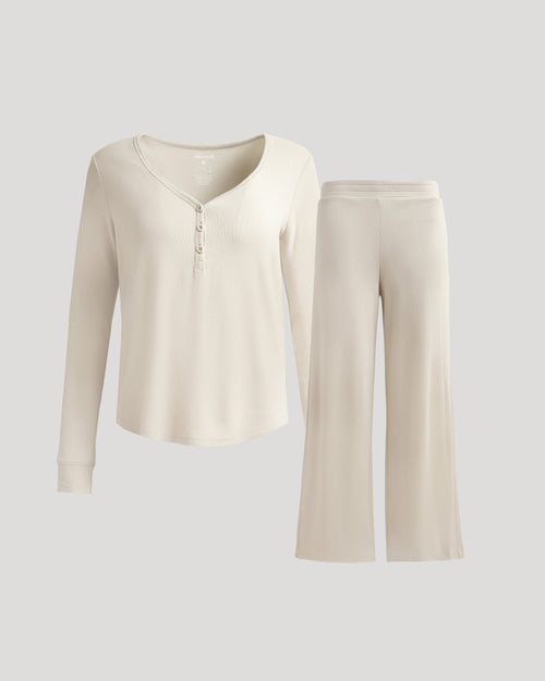 Womens Oatmeal Waffle Long Sleeve Henley & Waffle Leg Pant set.