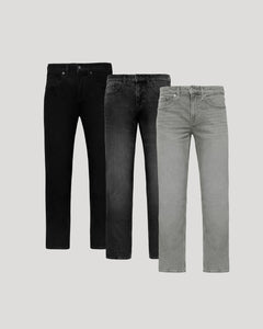True ClassicThree pairs of jeans in black, gray, and light gray on a light gray background