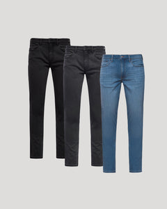 True ClassicThree pairs of jeans in black and blue on a light gray background