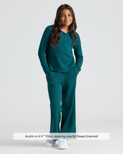 True ClassicChild in Girls Deep Emerald Long Sleeve Boxy Waffle Henley and pants.