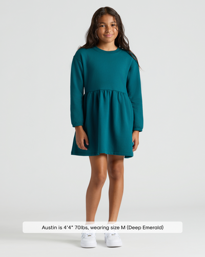 Girls Long Sleeve Fleece Dress - Deep Emerald