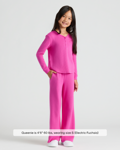 True ClassicGirl models Girls Electric Fuchsia Long Sleeve Boxy Waffle Henley and pants.