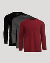 Classic Long Sleeve Crew 3-Pack in burgundy, gray, black layers.