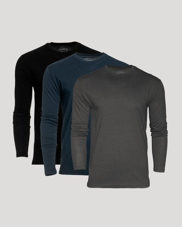 Classic Long Sleeve Crew Neck 3-Pack featuring men's basics in black, navy blue, and charcoal gray, designed with a comfortable fit and soft fabric for everyday wear.