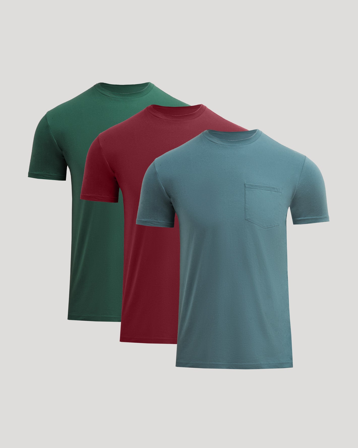Seasonal Classic Pocket Crew 3-Pack: teal, burgundy, forest green shirts.
