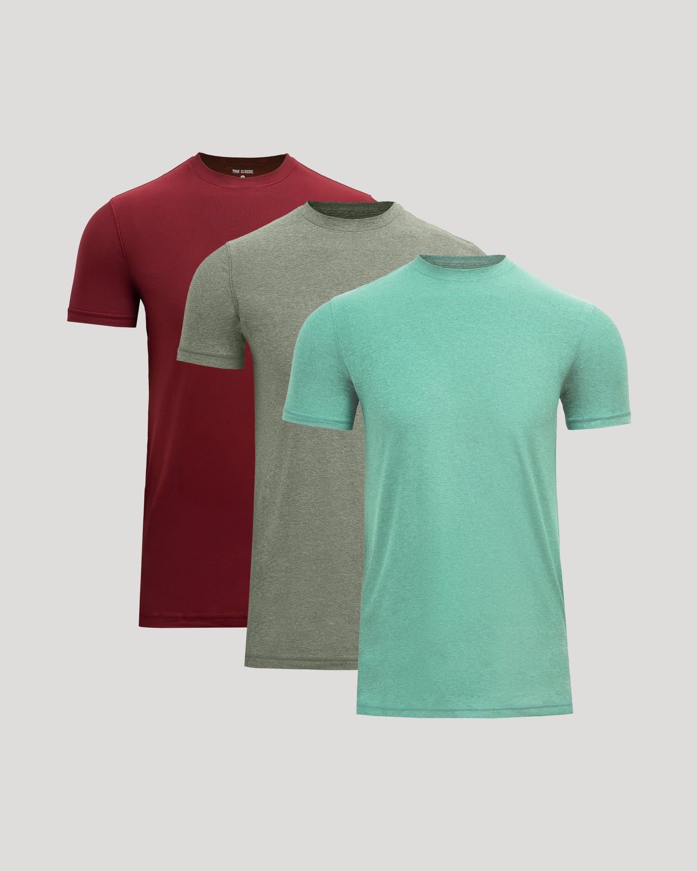 Seasonal Tall Active Crew 3-Pack T-shirts arranged; burgundy, gray, mint.