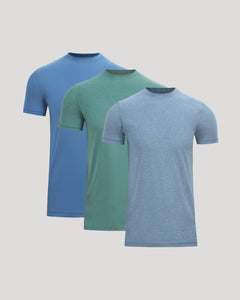 True ClassicSeasonal Tall Active Crew 3-Pack T-shirts arranged front to back.