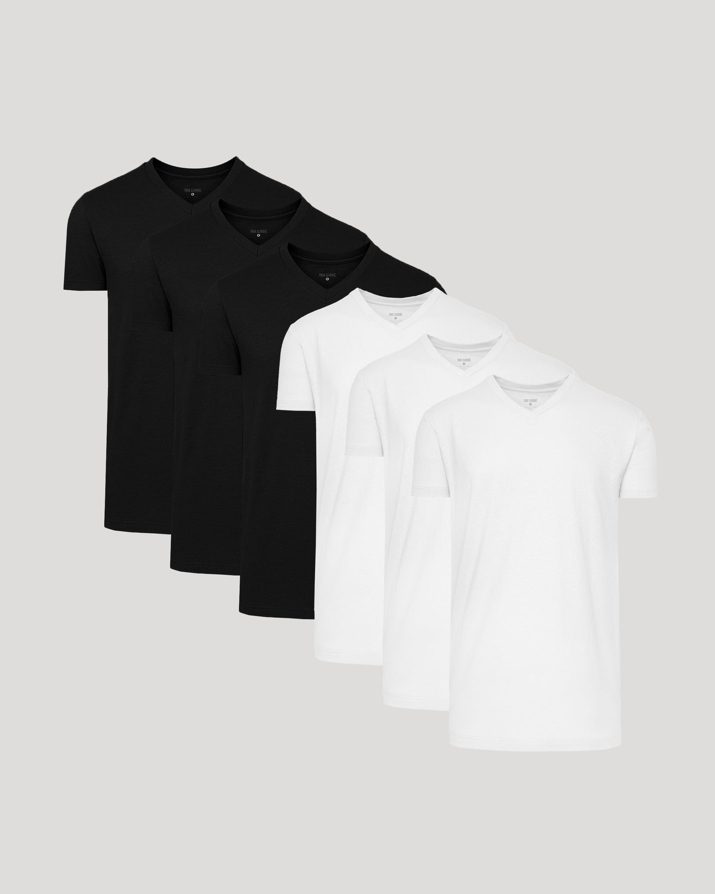 Black & White Short Sleeve Tall Classic V-Neck 6-Pack neatly arranged.