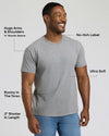Man wearing a gray t-shirt with text highlighting features on a light gray background