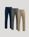 Slim Comfort Knit Chino Pant 3-Pack in navy, gray, and khaki.