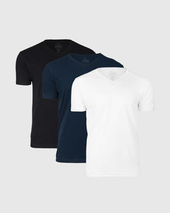 True ClassicStandard 3-Pack V-neck T-shirts, black, navy, and white, staggered.