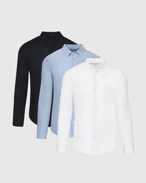 Standard Stretch Oxford 3-Pack shirts: white, blue, black, tailored design.