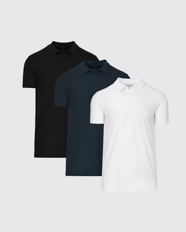 The Standard Tall Classic Polo 3-Pack: black, navy, white polos.