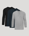 Tall Classic Long Sleeve Henley 3-Pack, light gray, navy, black shirts.
