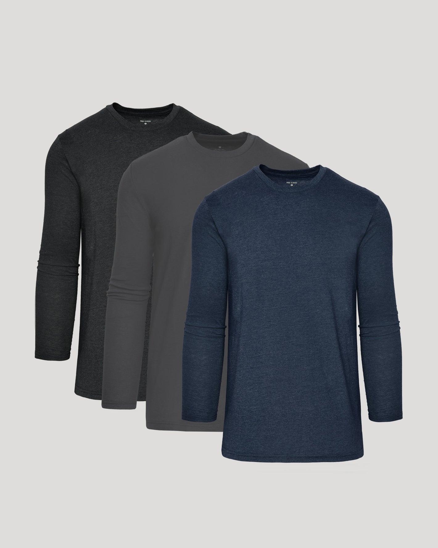 Staple Tall Long Sleeve T-Shirt 3-Pack in charcoal, gray, navy.