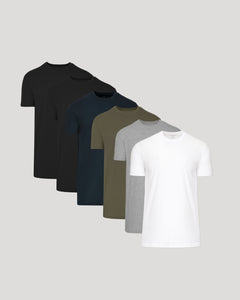 True ClassicTall Straight Hem T-Shirt 6-Pack, neatly staggered, showcases classic crew-neck design.
