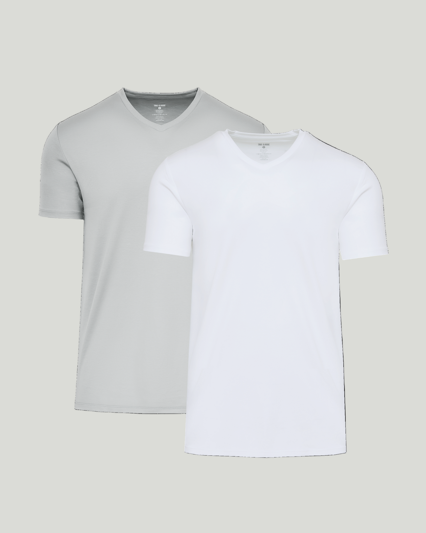 Steel White Pima V-Neck 2-Pack: white and light gray tees, flat.