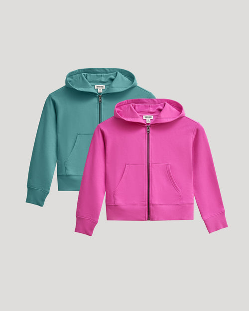 Girls Stormcloud & Electric Fuchsia Cropped Zip Hoodie 2-Pack laid side by side.