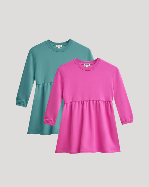 Girls Long Sleeve Fleece Dress 2-Pack, fuchsia and teal, laid flat.