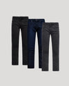 Three pairs of jeans in black, blue, and gray on a light gray background