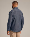 Model in Navy Sweater Shirt Jacket, showcasing herringbone texture and slim fit.