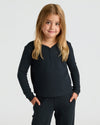 Girl in Girls Black Waffle Long Sleeve Henley & Pants set.