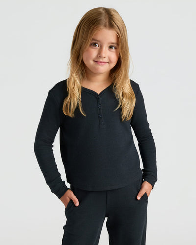 Girls Long Sleeve Boxy Waffle Henley - Black