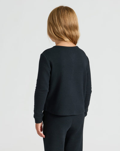 Girls Long Sleeve Boxy Waffle Henley - Black
