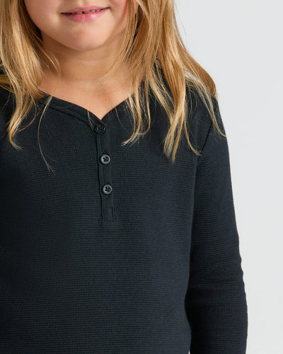 Girls Long Sleeve Boxy Waffle Henley - Black