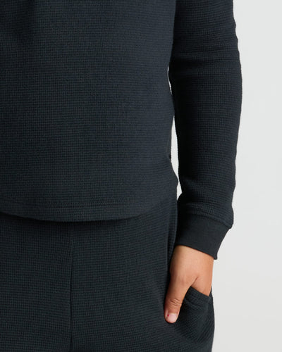 Girls Long Sleeve Boxy Waffle Henley - Black