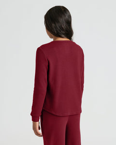 True ClassicGirls Dark Maroon Waffle Long Sleeve Henley & Waffle Leg Pants worn from back.