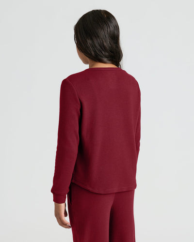 Girls Long Sleeve Boxy Waffle Henley - Dark Maroon