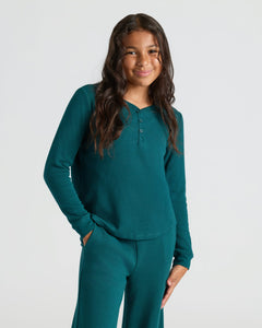 True ClassicGirl in Girls Deep Emerald Waffle Long Sleeve Henley & Waffle Leg Pants.