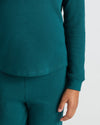 Girl's Deep Emerald Long Sleeve Boxy Waffle Henley set, showcasing cozy texture.