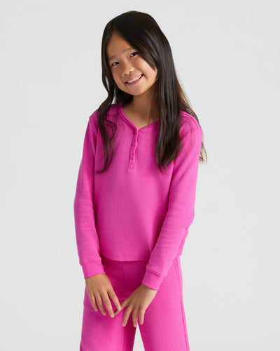 Girls Long Sleeve Boxy Waffle Henley - Electric Fuchsia
