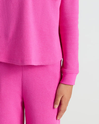 Girls Long Sleeve Boxy Waffle Henley - Electric Fuchsia