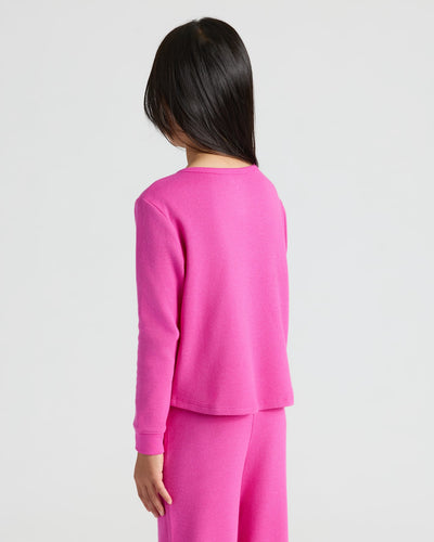 Girls Long Sleeve Boxy Waffle Henley - Electric Fuchsia
