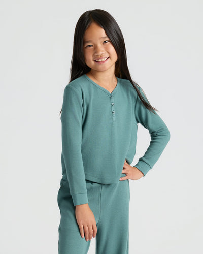 Girls Long Sleeve Boxy Waffle Henley - Stormcloud