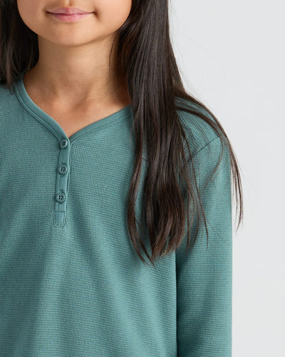 Girls Long Sleeve Boxy Waffle Henley - Stormcloud