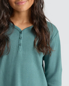 True ClassicGirls Long Sleeve Boxy Waffle Henley 3-Pack, teal-green, waffle-knit, button placket.