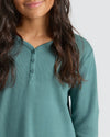 Girls Long Sleeve Boxy Waffle Henley 3-Pack, teal-green, waffle-knit, button placket.