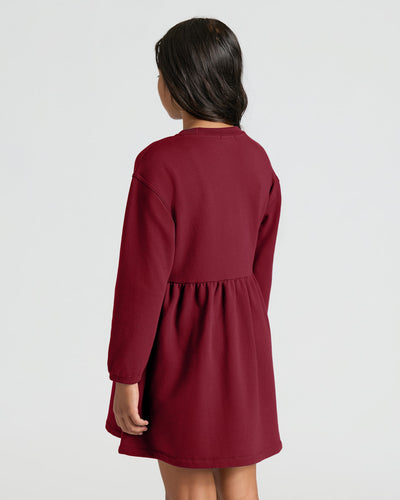 Girls Long Sleeve Fleece Dress - Dark Maroon