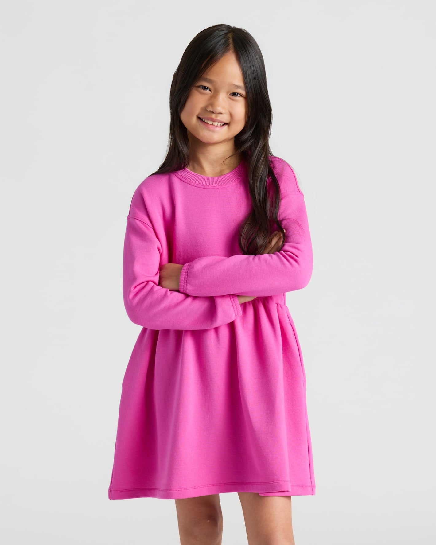 Girls Electric Fuchsia Long Sleeve Fleece Dress - True Classic Girls Electric Fuchsia Long Sleeve Fleece Dress - True Classic